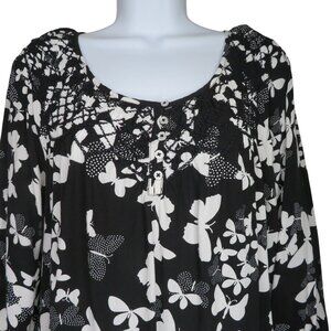 Talbots Womens Black White Butterfly 3/4 Sleeve Tunic Top S Crochet Detail